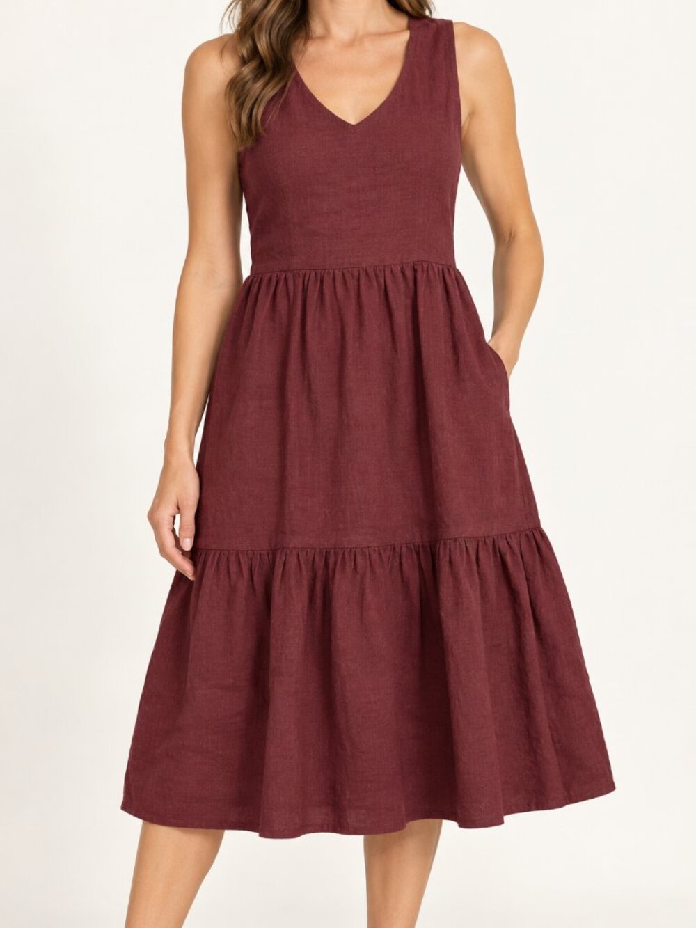 Matty M Women’s Small Burgundy Linen Blend Tiered Midi Dress Sleeveless NWT